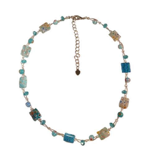 Damen Kette Halskette Muranoglas Blumen Rechteck Perlen Glasperlen türkis weiß 42-48 cm nickelfrei