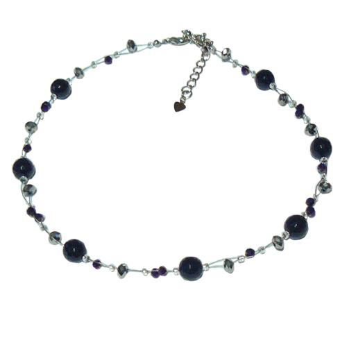 Achat Kette Damen Glasperlen Perlen Glitzer Waben Kugeln lila nickelfrei Karabiner