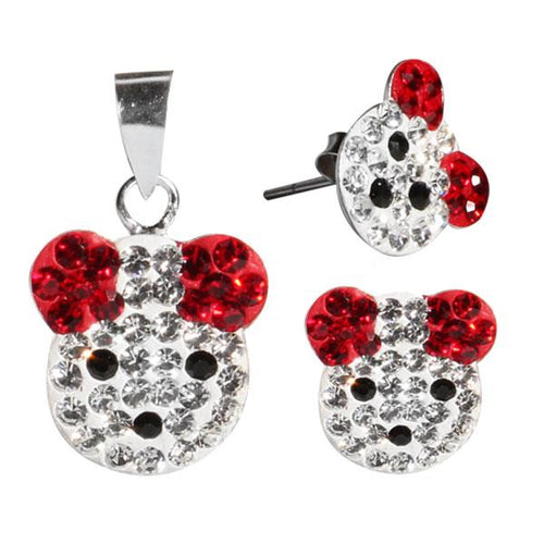 Glitzerschmuckset Maus rot weiß Kristall Zirkonia Anhänger Ohrstecker 925er Silber Damen Schmuck