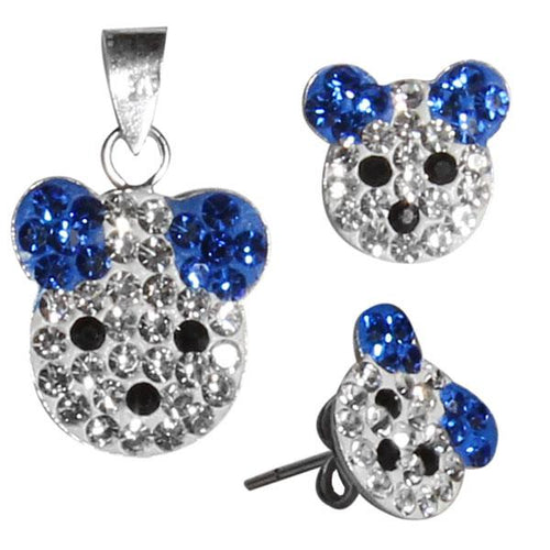 Glitzerschmuckset Maus blau weiß Kristall Zirkonia Anhänger Ohrstecker 925er Sterling Silber Damen
