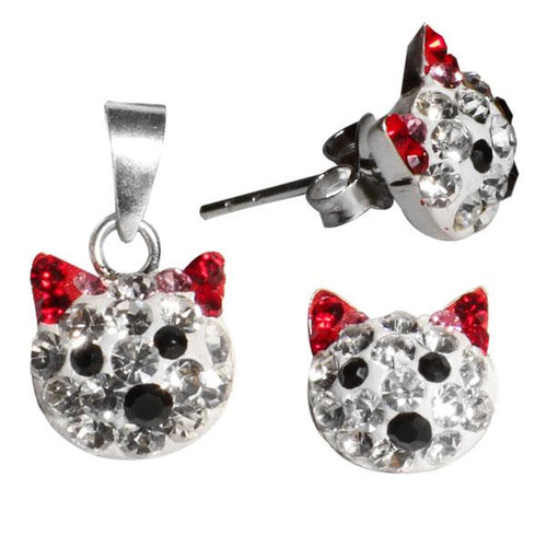 Glitzerschmuckset Katze weiß rot Kristall Zirkonia Anhänger Ohrstecker 925er Silber Damen Schmuck