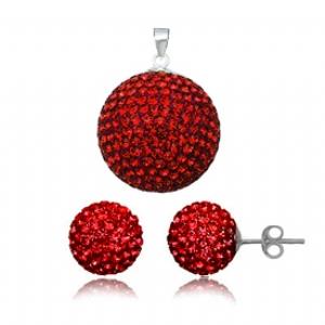 Glitzerschmuckset Rubin rot Kristall Glitzerkugel Anhänger Ohrstecker Zirkonia 925 Silber Damen