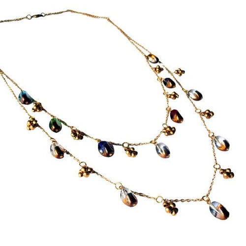 Glasperlen Kette gewunden oval Brass Blumen 81 cm zweilagig transparent bunt gold nickelfrei