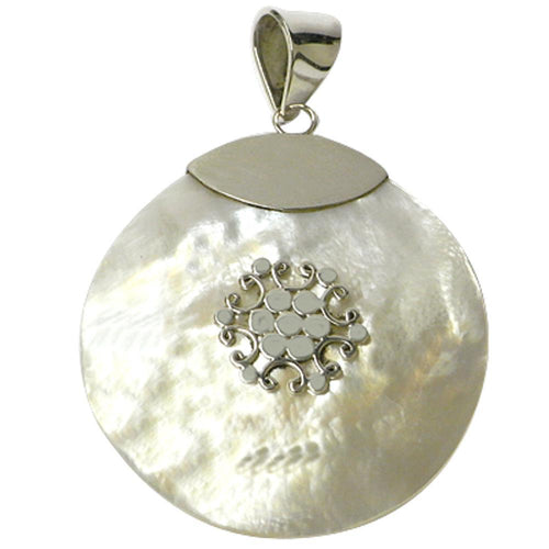 Perlmutt-Anhänger, kreisrunder Damenanhänger aus 925er Sterlingsilber mit Perlmutt und Silberverzierung in der Mitte, ca. 35mm Ø