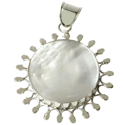 Perlmutt-Anhänger, kreisrunder Damenanhänger aus 925er Sterlingsilber und Perlmutt, mit sonnenförmiger Silber Umrandung, ca. 35mm Ø