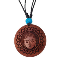 Load image into Gallery viewer, Holzkette rund verstellbar Baumwolle Om Buddha Maske golden silbern natur

