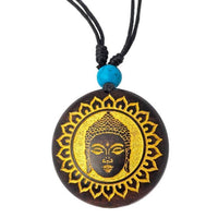 Load image into Gallery viewer, Holzkette rund verstellbar Baumwolle Om Buddha Maske golden silbern natur
