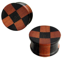 Cargar imagen en el visor de la galería, Tunnel Karomuster schwarz braun Eisenholz Teakholz konkav Tribal Holz Plug Holzplug handgeschnitzt
