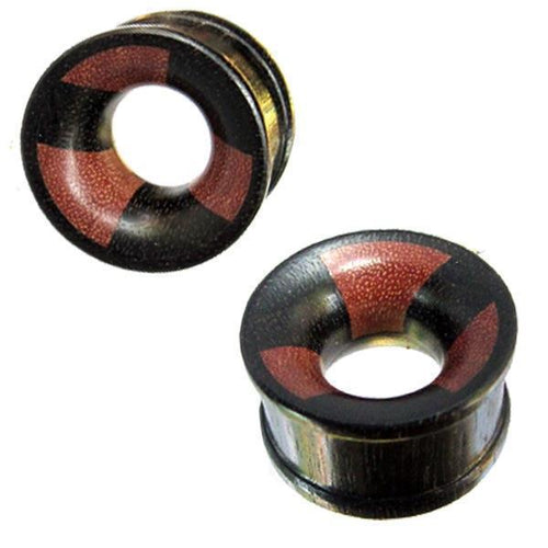 Tribal Tunnel zweifarbig braun schwarz Holztunnel handgeschnitzt verschiedene Holzarten Plug Expander