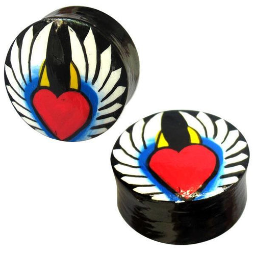 Holz Plug Herz Engel Flügel Teufel Hörner Teakholz schwarz rot gelb weiß Tunnel Unisex Ohrschmuck Ohrstecker