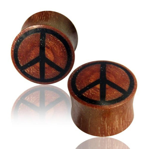 Two Tribal Plug Peace Symbol schwarz rotbraun Rosenholz plugs, each cylindrical and made of rosewood with a black peace symbol on the face, are displayed on a white background with a subtle reflection.