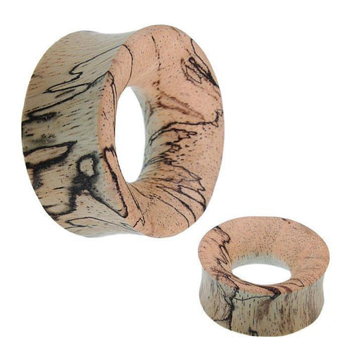 Two hand-carved Tribal Mangoholz Tunnel plugs with natural grain, light tan color, and flared edges. One Ohrstecker is upright, the other on its side to show both the side and front view.