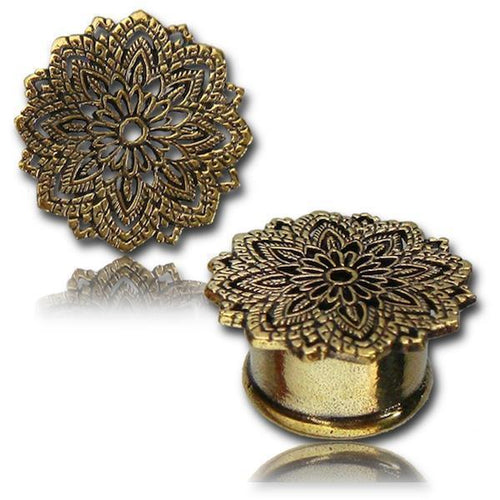 Brass Plug antik golden Blume filigran nickelfrei Tunnel Organic Messing Ohrschmuck