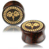 Load image into Gallery viewer, Holz Plug Wisdom Eyes Tamarind Wood gold bemalt Lasergravur
