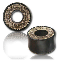Load image into Gallery viewer, Holz Tunnel Iron Wood Punkte Kreise Afghan Brass Style Inlay antik gold Tribal Plug Organic
