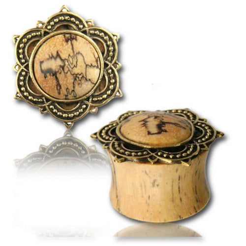 Holz Plug Tamarindenholz Lotus Blume Afghan Style Brass Inlay antik gold Tribal Tunnel Organic
