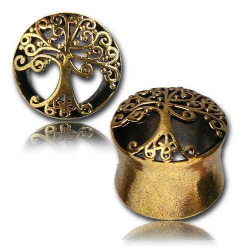 Two Brass Tunnel Italien Tree of Life plugs feature a spiraling gold design, are nickel-free, and display their cylindrical Messing Baum des Lebens (Tree of Life) shape with ornate detailing.
