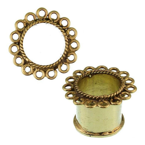 Two ornate Brass Tunnel Seil Circles of Life antik gold plugs made from nickelfrei organic Messing feature rope-like details and small edge loops; one stands upright, the other lies flat, showing both top and side views.