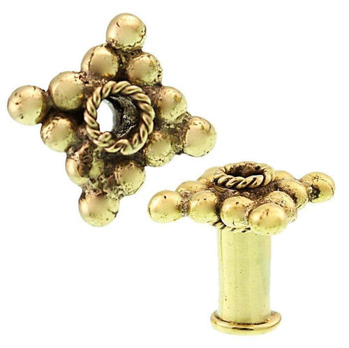 Antik gold, nickelfree brass tunnel "Seil Raute Kugeln" Plug with textured, beaded diamond design and twisted rope detail. Shown from front and side; crafted from organic Messing Expander Ohrschmuck.