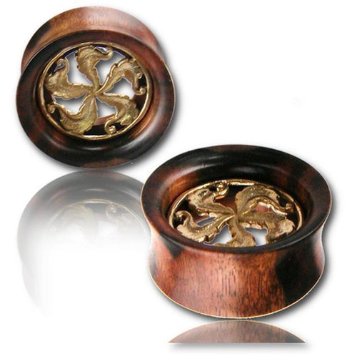 Narra Holz Tunnel schwarz Brass Inlay Windrad Blätter gold antik nickelfrei Tribal Plug Expander