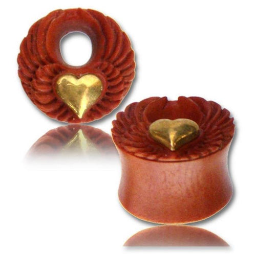 Two red-brown Sawo Holz Tunnel plugs feature antique gold brass heart and angel wing designs, nickel-free, with a tribal organic style, displayed on a white surface with a faint reflection.