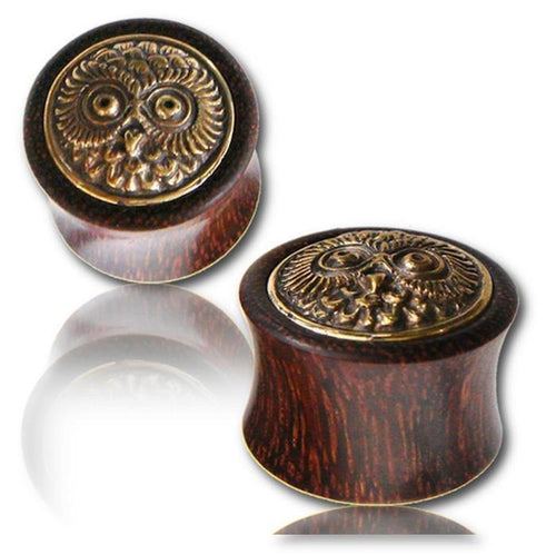 Tamarinden Holz Plug schwarz Brass Inlay Eule Tunnel gold antik nickelfrei Tribal Expander Organic
