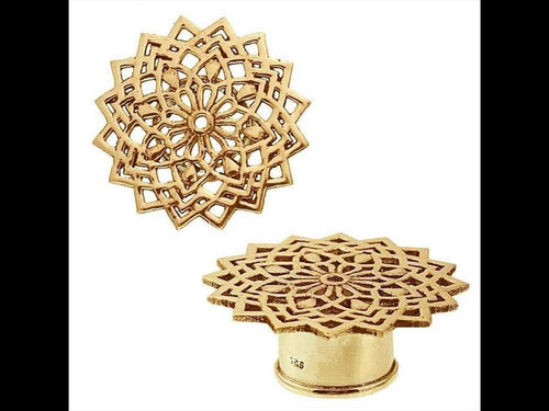 Two Brass Tunnel Schneeblume antik gold, nickelfree plugs with floral and geometric patterns are displayed on a white background—one shown frontally, the other from the side—highlighting their exquisite craftsmanship.