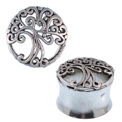 Two Silbertunnel Baum des Lebens 925 Sterling Silber Tunnel Plugs with a tree of life design; one is shown from above and the other from the side, highlighting the intricate cutout pattern of these organic expanders.