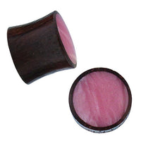 Load image into Gallery viewer, The Holz Plug Sonoholz rosa schillernd Resin Inlay double flared features two round, dark brown plugs with shimmering pink resin centers—one upright and one flat—ideal as stylish jewelry for stretched ear piercings.

