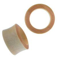 Load image into Gallery viewer, Two beige Holz Flesh Tunnel Krokodilholz hell leicht konvex double flared sit on a white background—one upright with its circular opening visible, the other flat, showing its inner hollow center.
