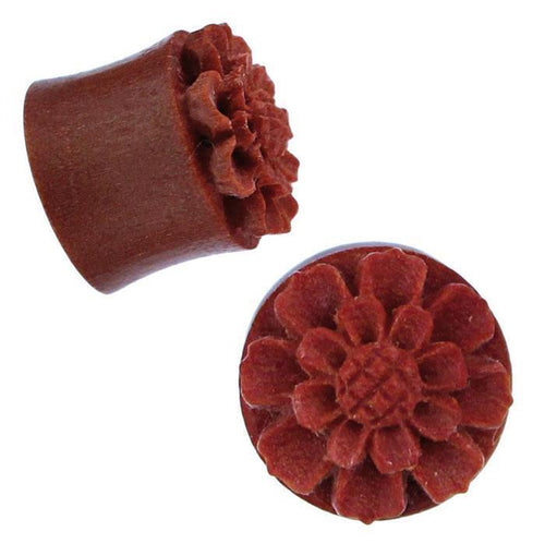 Holzplug Sawoholz Blume zweireihig rotbraun handgeschnitzt Tribal Plug Expander Holz Tunnel