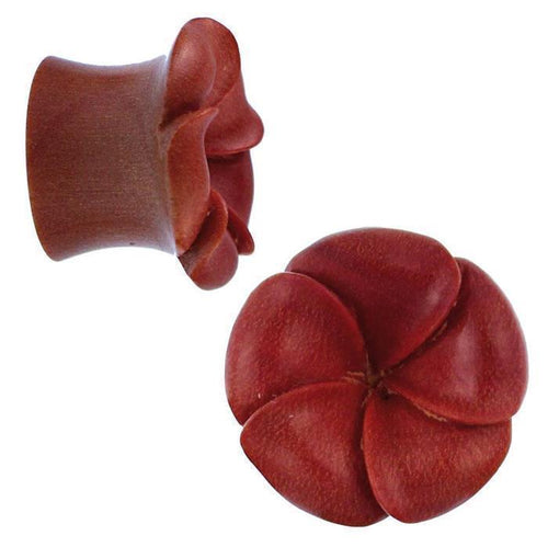 This hand-carved Tribal Holzplug Sawoholz Blume überlappend features a rich reddish-brown finish and a blooming five-petal flower design, shown from both the top and side views for natural beauty and warmth.