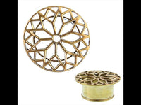 Load image into Gallery viewer, A round, antique gold Brass Tunnel Sternblume Expander Plug features an intricate filigree star-flower cutout and cylindrical base, shown from top and side views.
