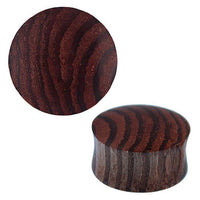 Load image into Gallery viewer, A round, brown-striped Tribal Holzplug Zebraholz handgeschnitzt is shown from the top and at an angle, highlighting its flat surface, curved side, and distinctive natural grain patterns.
