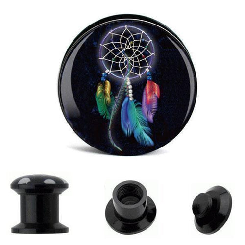 A black Schraub Plug Acryl Traumfänger leuchtend Tunnel Expander Piercing Ohrschmuck features a dreamcatcher design with multicolored feathers and beads; shown below from the front, side, and separated views.