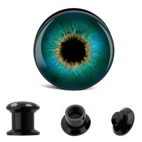 The Schraub Plug Acryl Auge grün blau Pupille Tunnel Expander Piercing Ohrschmuck shows a green-blue eye iris design, displayed from the front, side, and back.