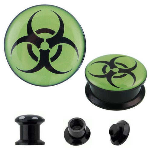 A pair of Schraub Plug Acryl grün schwarz Biohazard Tunnel Expander Piercing Ohrschmuck with a green top and bold black biohazard symbol, shown from multiple angles—perfect for any piercing collection.