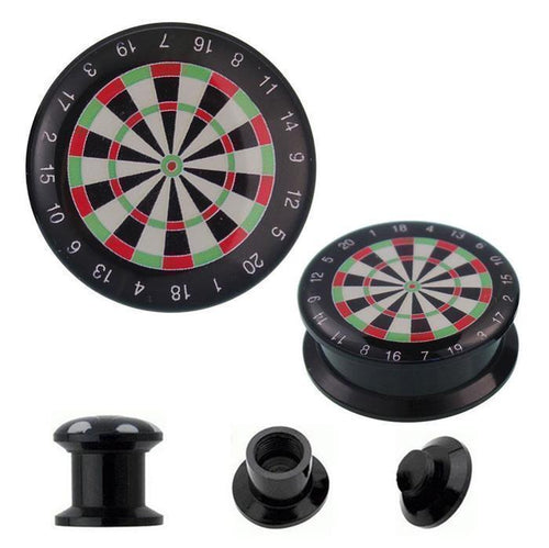 The Schraub Plug Acryl Dartscheibe grün rot features a detailed dartboard design, a screw-back style, and a circular shape. This unique Tunnel Expander Piercing Ohrschmuck stands out with its vibrant green-red graphic.