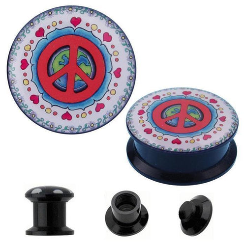 The Schraub Plug Acryl Peace Welt Herzen Blume features a vibrant red peace symbol over a blue-green globe, with red hearts and floral accents—a striking Tunnel Expander Piercing Ohrschmuck shown from multiple angles.
