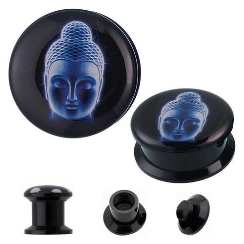 The Schraub Plug Acryl Buddha Kopf 3D blau displays a luminous blue Buddha head on the front, shown from multiple angles. This unique Tunnel Expander Piercing Ohrschmuck features visible threaded ends and a striking 3D effect.