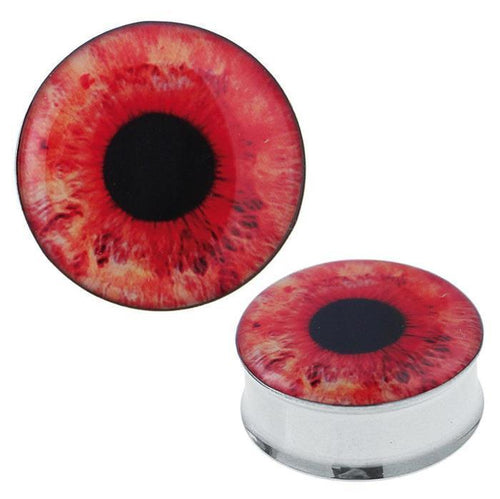 The Plug Tunnel Auge rot Pupille features a vivid red iris and black pupil on durable stainless steel and acrylic—ideal for those wanting a striking red eye expander piercing.