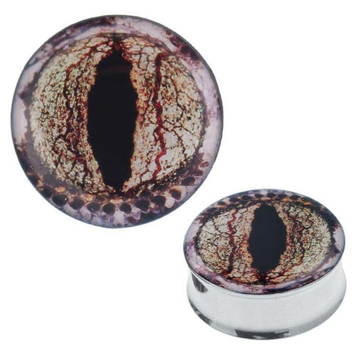The Plug Tunnel Auge Eidechse Edelstahl Acryl Expander is a metallic piercing with a round top, showcasing a detailed eye design featuring a vertical black slit pupil and textured brown-gold patterns.
