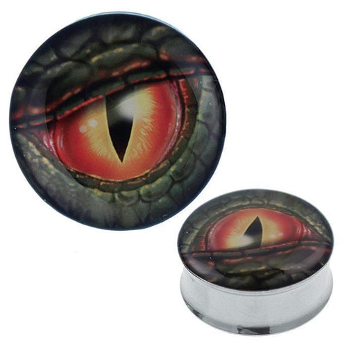 A Plug Tunnel Auge Echse grün aus Edelstahl und Acryl mit Nahaufnahme eines grünen Reptilienauges und Schuppenmuster – der perfekte Expander Piercing aus Chirurgenstahl für einen auffälligen, einzigartigen Look.