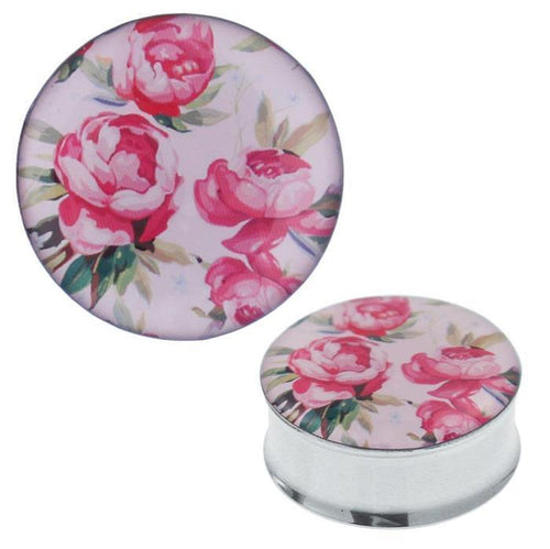 A round Edelstahl Plug Tunnel Pfingstrosen rosa grün Expander Piercing, featuring a pink peony floral acrylic design with green leaves on light background, made from surgical steel.