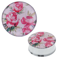 Load image into Gallery viewer, A round Edelstahl Plug Tunnel Pfingstrosen rosa grün Expander Piercing, featuring a pink peony floral acrylic design with green leaves on light background, made from surgical steel.
