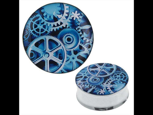 A round Plug Tunnel Zahnräder blau aus Edelstahl und Acryl, mit einem blauen Zahnräder-Design auf der Vorderseite, gezeigt aus Top- und Seitenansicht. Expander Piercing aus Chirurgenstahl.
