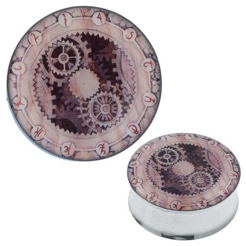 Plug Tunnel Zahnräder beige Zeichen Edelstahl Acryl Expander Piercing Chirurgenstahl