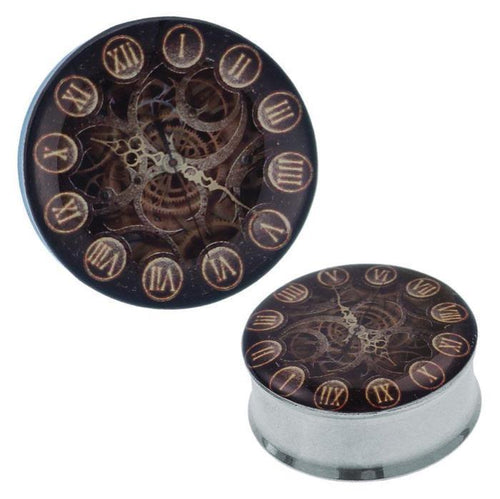 The Plug Tunnel Uhrwerk Uhr is a round piercing made of beige-black Edelstahl and Acryl, featuring a clock face with Roman numerals and clockwork gears. Shown from top and side views, it's ideal as an Expander with Chirurgenstahl quality.