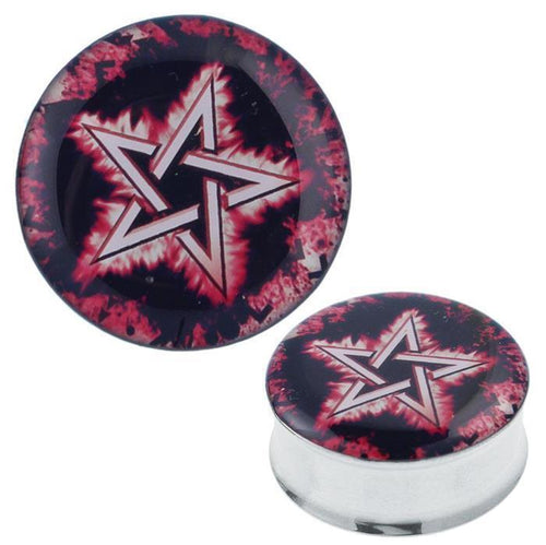 A round stainless steel plug tunnel, “Plug Tunnel Pentagramm Flammen schwarz rot,” features a vivid red, black, and white pentagram with fiery details on the front, made of stainless steel and acrylic for piercing.