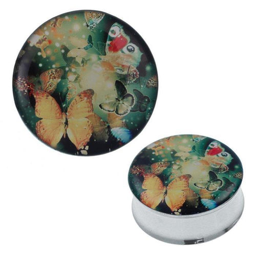 A round compact mirror with a vibrant butterfly and bird design on a green-yellow background, inspired by the Plug Tunnel Schmetterlinge grün gelb Edelstahl Acryl Expander Piercing Chirurgenstahl.